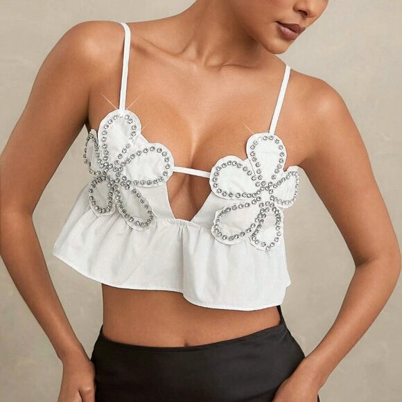 Tops - White Sexy Women's Rhinestone Floral Ruffle Hem Top